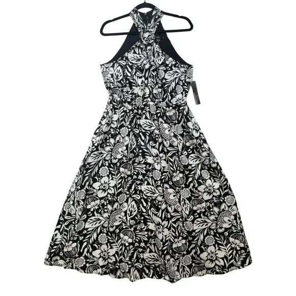 Maggy London Womens Buckle Halter Midi Dress Size 12 Black Floral Couture NWT - Picture 2 of 16